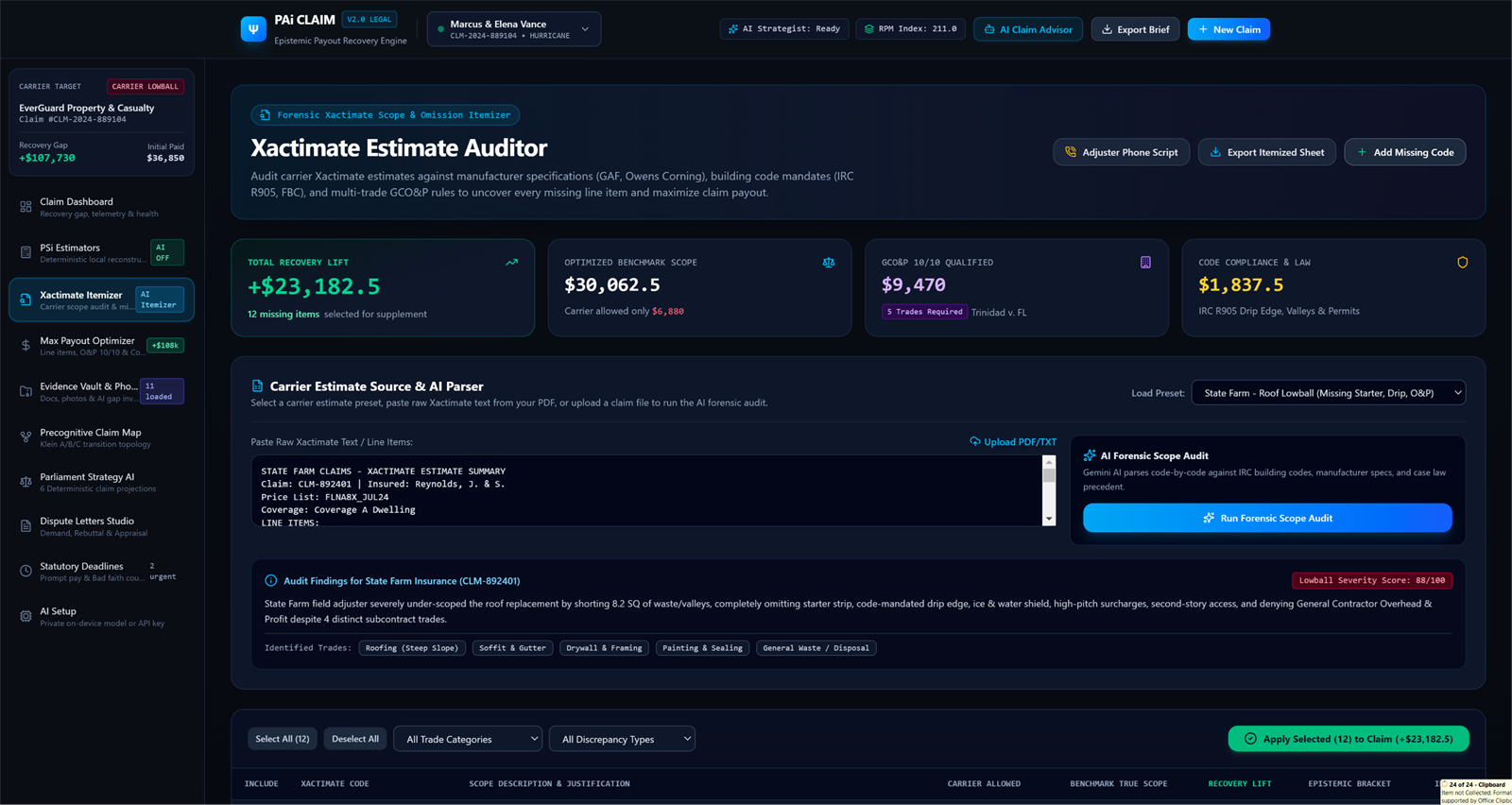 Estimate auditor listing missing operations in a carrier estimate, each priced and itemised.